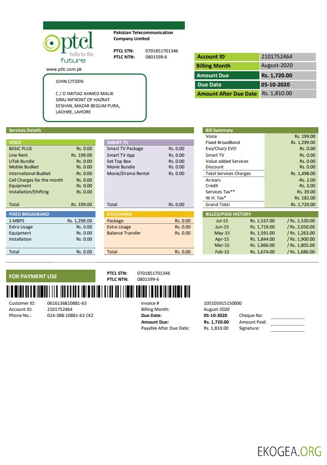 Pakistan PTCL utility bill template in Word and PDF format